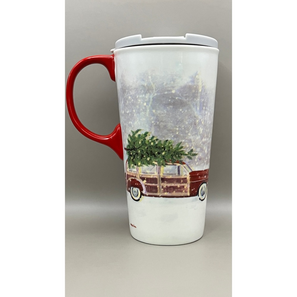 Cypress Home Christmas‎ Tree Red Woody Wagon Ceramic Travel Mug w/ Lid White Red